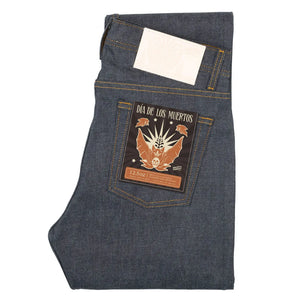 Naked and Famous 12 ounce Dia de los Muertos Selvedge Jeans Weird Guy Regular Tapered folded