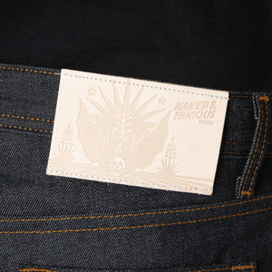 Naked and Famous 12 ounce Dia de los Muertos Selvedge Jeans Weird Guy Regular Tapered detail leather patch