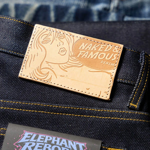 Naked and Famous 22 ounce Elephant 2 Reborn Selvedge Jeans Weird Guy Regular Tapered detail leather patch