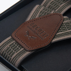 Tailor Orgueil 2 Way Military Suspenders Brown Olive close up leather