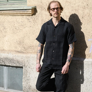 Orgueil OR-5092 Herringbone Linen Open Collar Shirt - Black