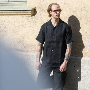 Orgueil OR-5092 Herringbone Linen Open Collar Shirt - Black