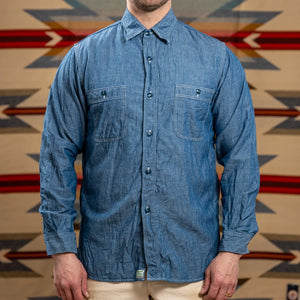 OrSlow 8070 1940s 4oz Chambray Work Shirt Blue worn front
