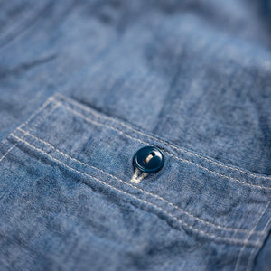 OrSlow 8070 1940s 4oz Chambray Work Shirt Blue close up chest pocket