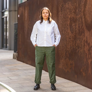 OrSlow Women US Army Fatigue Pants Olive Cropped worn front outside