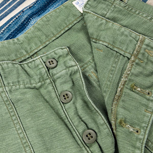 OrSlow 5002 9 ounce US Army Washed Fatigue Pants Used Green close up button front
