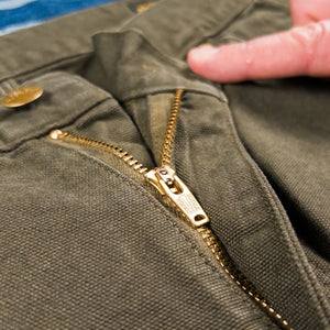 OrSlow 5328 Dads Fit Oxford Painter Pants Coffee Brown close up zip