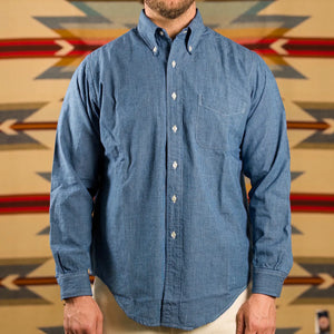 OrSlow 8112 4 ounce Small Check Chambray Button Down Shirt Indigo worn front