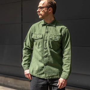 OrSlow 8045 US Army Reverse Sateen Fatigue Shirt Olive worn front lifestyle