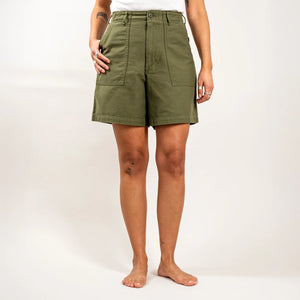 OrSlow Women Back Sateen Fatigue Shorts Dark Olive worn front