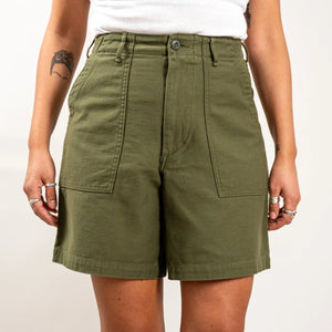 OrSlow Women Back Sateen Fatigue Shorts Dark Olive worn front close up