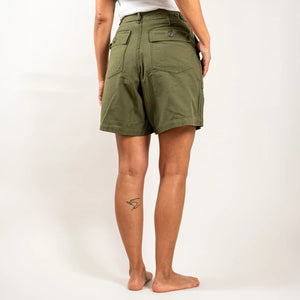 OrSlow Women Back Sateen Fatigue Shorts Dark Olive worn backside
