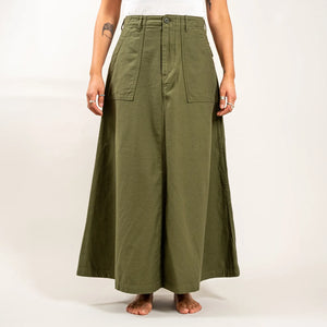 OrSlow Women Back Sateen Fatigue Skirt Dark Olive worn front