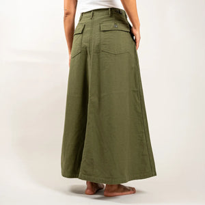 OrSlow Women Back Sateen Fatigue Skirt Dark Olive worn backside