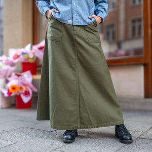 OrSlow Women Back Sateen Fatigue Skirt Dark Olive worn front