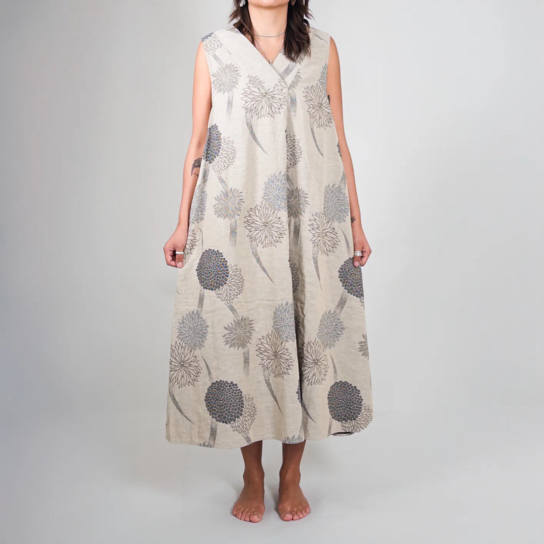OrSlow Yume Hana Jacquard Dress Sand Beige Liberty Floral worn front