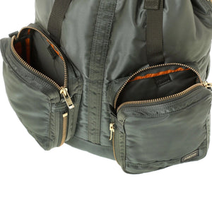 Porter Yoshida New Tanker Rucksack L Sage Green open front pockets