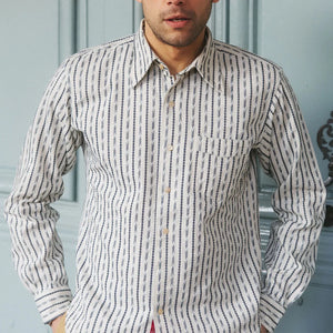 Prequel 7oz Long Point Jacquard Shirt Natural Navy worn front