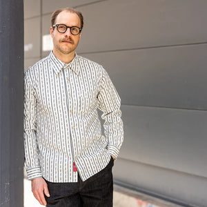 Prequel 7oz Long Point Jacquard Shirt Natural Navy worn front lifestyle
