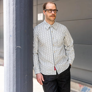 Prequel 7oz Long Point Jacquard Shirt Natural Navy worn lifestyle