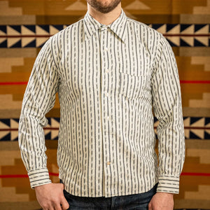 Prequel 7oz Long Point Jacquard Shirt Natural Navy worn front