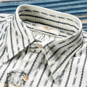 Prequel 7oz Long Point Jacquard Shirt Natural Navy detail collar