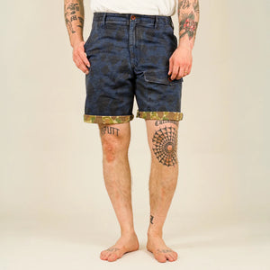 Prequel 8oz Combat Field Shorts Indigo Dye Duck Hunter Camo worn front turn up