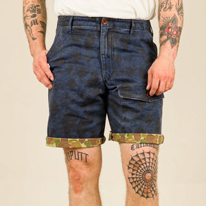 Prequel 8oz Combat Field Shorts Indigo Dye Duck Hunter Camo worn front turn up