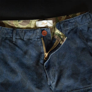 Prequel 8oz Combat Field Shorts Indigo Dye Duck Hunter Camo close up zip fly