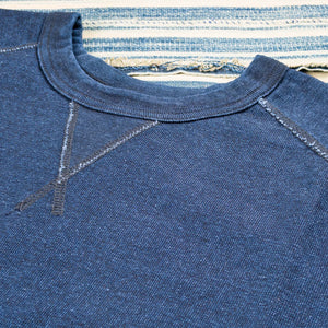 Pure Blue Japan 5411 ID 11oz Super Heavy Raglan TShirt Indigo close up crew neck