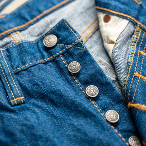 Pure Blue Japan GRE019 14oz Greencast Indigo Selvedge Denim Relaxed Tapered close up button fly