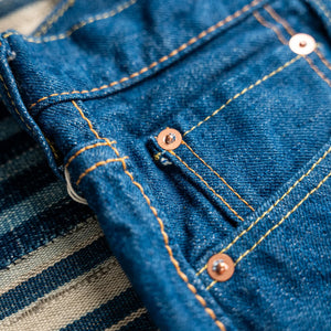 Pure Blue Japan GRE019 14oz Greencast Indigo Selvedge Denim Relaxed Tapered close up coin pocket