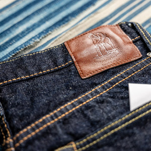 Pure Blue Japan XX002 14oz Piped Selvedge Denim Relaxed Straight detail leather patch
