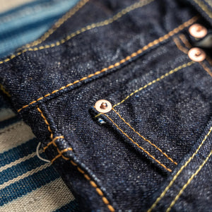 Pure Blue Japan XX002 14oz Piped Selvedge Denim Relaxed Straight close up coin pocket