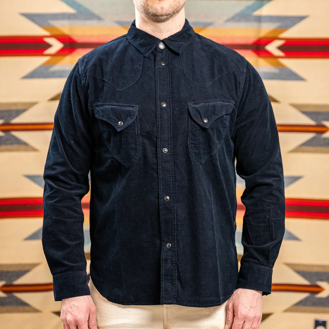Pure Blue Japan 2236 8oz OverDyed Indigo Corduroy Curved Pocket Shirt Indigo Black worn front