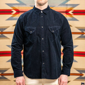 Pure Blue Japan 2236 8oz OverDyed Indigo Corduroy Curved Pocket Shirt Indigo Black worn front
