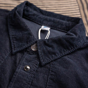 Pure Blue Japan 2236 8oz OverDyed Indigo Corduroy Curved Pocket Shirt Indigo Black detail collar