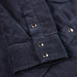 Pure Blue Japan 2236 8oz OverDyed Indigo Corduroy Curved Pocket Shirt Indigo Black close up cuff
