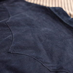 Pure Blue Japan 2236 8oz OverDyed Indigo Corduroy Curved Pocket Shirt Indigo Black backside close up