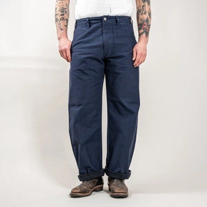 Pure Blue Japan 1185 Back Satin Sulfur Dye Trousers Navy Wide Straight worn front