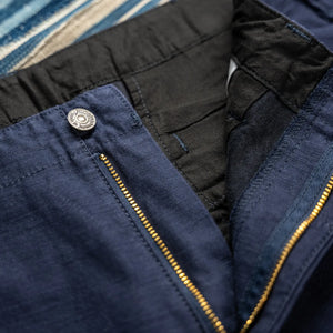 Pure Blue Japan 1185 Back Satin Sulfur Dye Trousers Navy Wide Straight detail zip fly