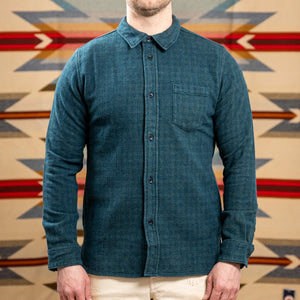 Pure Blue Japan 2235 Indigo OverDyed Cotton Tweed Check Shirt Green worn front