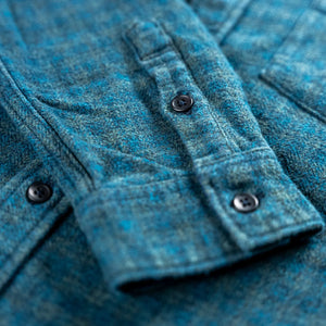 Pure Blue Japan 2235 Indigo OverDyed Cotton Tweed Check Shirt Green close up cuff