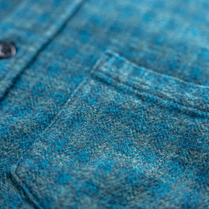 Pure Blue Japan 2235 Indigo OverDyed Cotton Tweed Check Shirt Green close up fabric