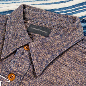 Samurai Jeans SSS26 KSK 10oz Kanoko Aimadara Work Shirt Indigo Brown close up collar