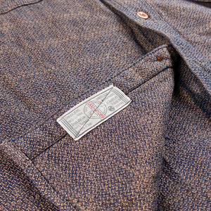 Samurai Jeans SSS26 KSK 10oz Kanoko Aimadara Work Shirt Indigo Brown close up union label