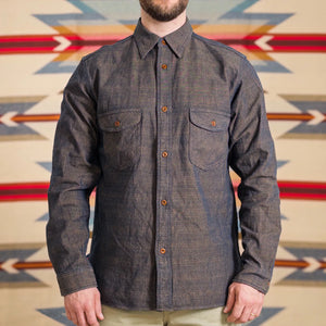 Samurai Jeans SSS26 KSK 10oz Kanoko Aimadara Work Shirt Indigo Brown worn front