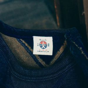 Samurai Jeans 14oz Kakishibu Loopwheeled Sweatshirt Indigo detail lifestyle label