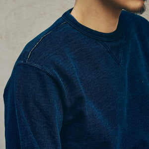 Samurai Jeans 14oz Kakishibu Loopwheeled Sweatshirt Indigo detail shoulder worn