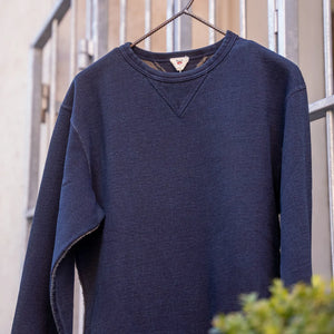 Samurai Jeans 14oz Kakishibu Loopwheeled Sweatshirt Indigo lifestyle on hanger